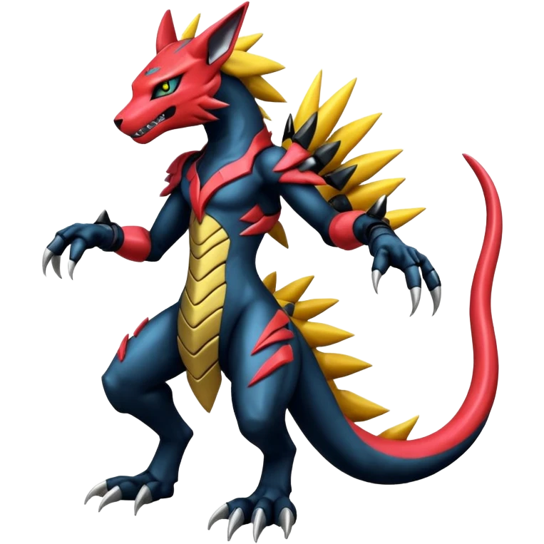 Modern anthropomorphic furry futuristic shiny colorful Zeraora-Salandit-Guilmon-fusion (full body) emoji