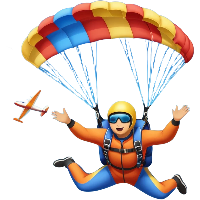 Colorful emoji. A skydiver free-falling through the sky, with a brightly colored parachute open above them. The background features a vast blue sky dotted with fluffy clouds, birds soaring nearby, and a plane flying off in the distance, emphasizing the thrill and freedom of the sport. emoji