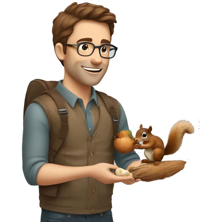 A man with brown hair, glasses and fair skin, feeds a squirrel with nuts emoji