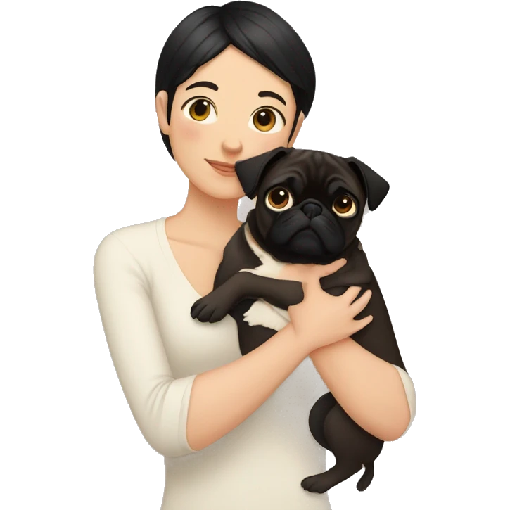 Lesbian woman with dark short hair, causacian skin, hugging a pug emoji