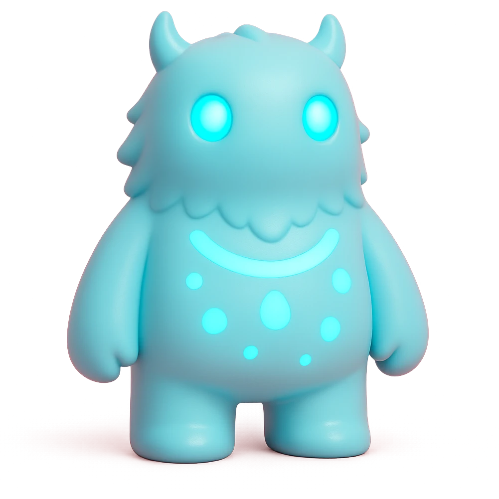 monster with glowing blue eyes and bioluminescent patterns on its body, dark background, toy-like emoji