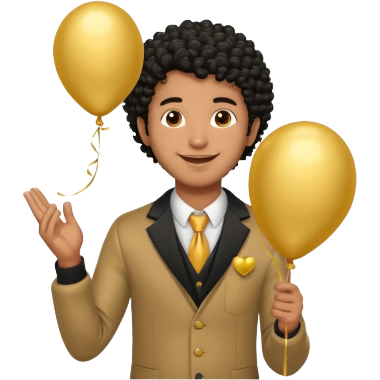 brown skin, black curly hair man hold gold balloon emoji