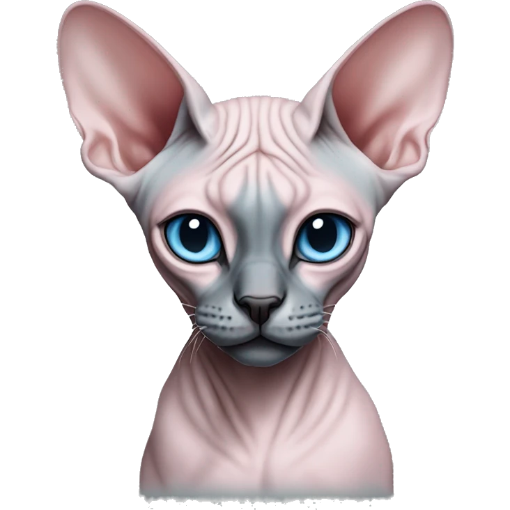 Pink and grey sphynx cat with blue eyes and black nose emoji