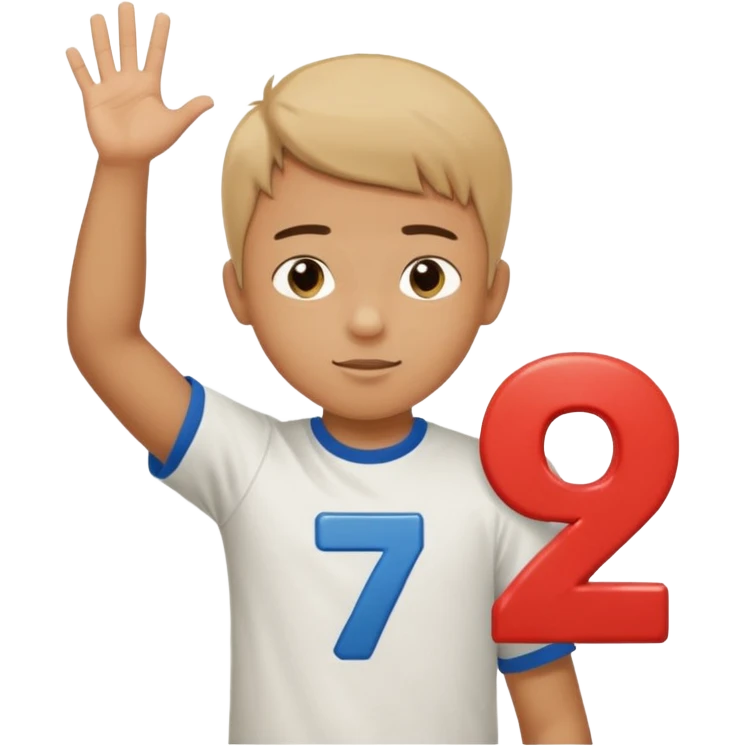 Boy doing 67 with hands in the air up to his chest and he is holding 6 in one hand and seven in the other emoji