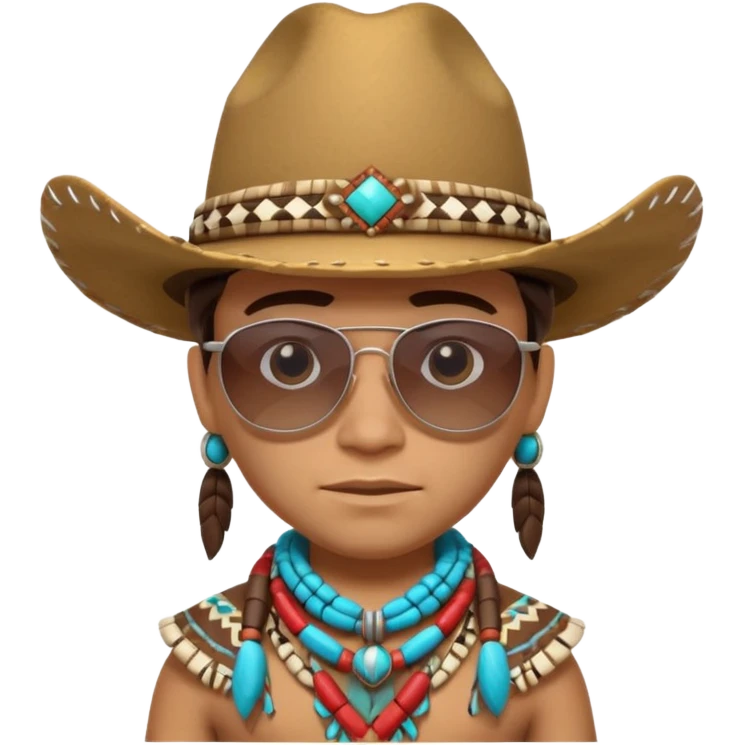 cute Indigenous tribal character portrait, head and shoulders only, cowboy hat, sunglasses, tribal accessories, confident expression, 3D cartoon, mobile game icon style, clean background, no text, no watermark
 emoji