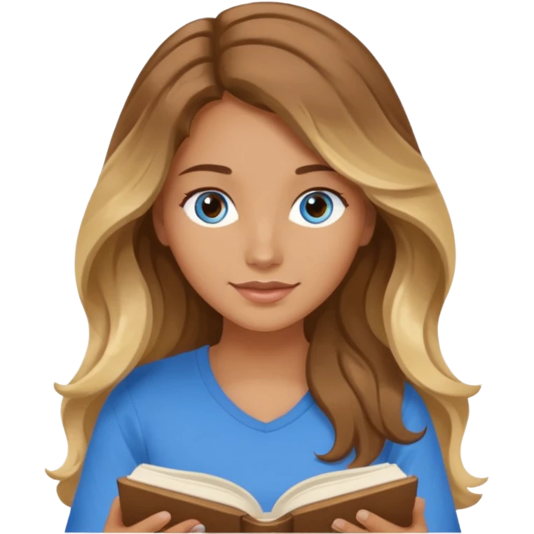 pretty female with long wavy brown hair with blonde highlights and blue eyes  in a relaxed position reading the book 'Rebecca' emoji