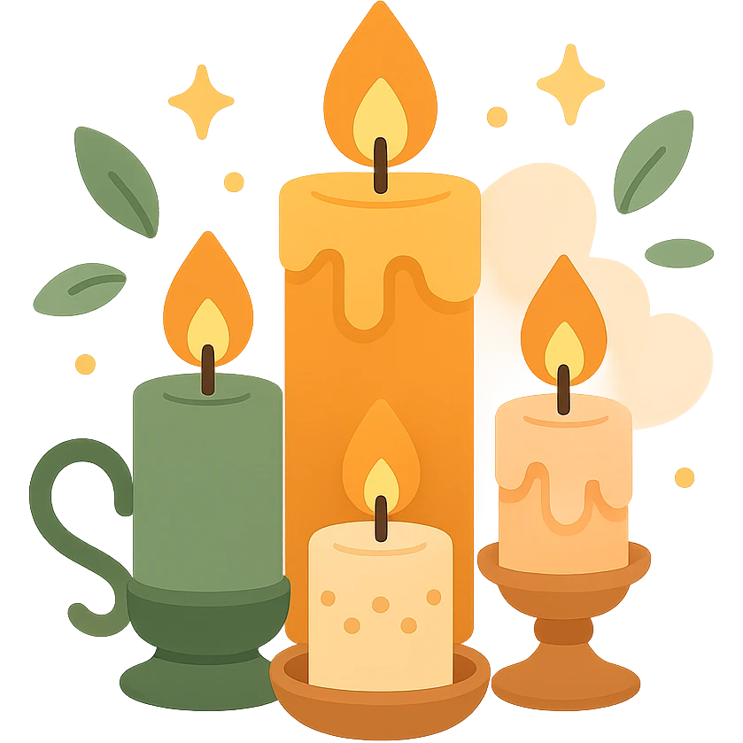 Several cute, glowing candles with flickering flames, set in a cozy and magical atmosphere, designed in a soft color palette: golden orange (FA9B41), deep forest green (4A7C5C), warm taupe brown (96775A), and pastel peach (FFCC9A). The candles are in delicate, slightly vintage holders, with the flames casting a gentle, warm glow. The wax is in shades of golden orange and peach, with subtle gradients, and small decorative patterns or tiny sparkles around them. The soft light from the candles creates a dreamy, enchanting ambiance, surrounded by tiny floating leaves or soft mist. The overall mood is serene, inviting, and magical. emoji