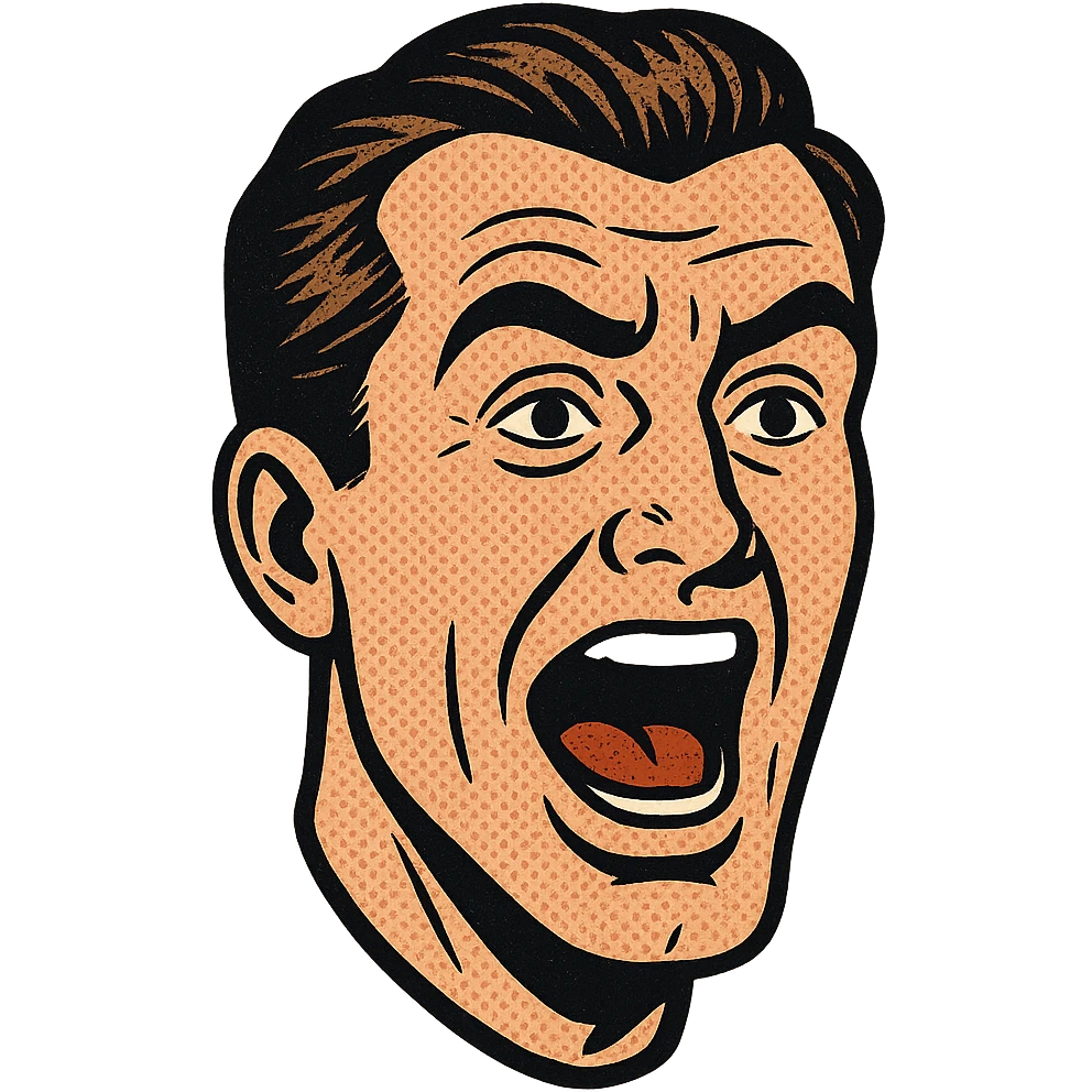 a man's face, comic book style, mouth open, as if talking emoji