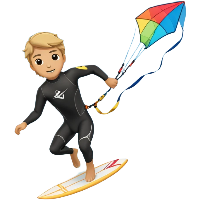 A kite surfer soaring above the waves, holding onto a kite with the wind in full force. The background showcases the ocean and sky, emphasizing the freedom, thrill, and energy of the sport. The motion of the kite and board is dynamic, capturing the excitement of kiting. emoji