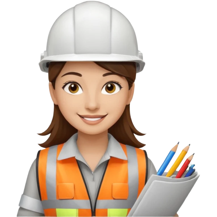 Arquitecta ojos marrones oscuros pestañas piel oliva pelo marron por los hombros sonrie casco blanco chaleco reflectante y material de dibujo técnico emoji