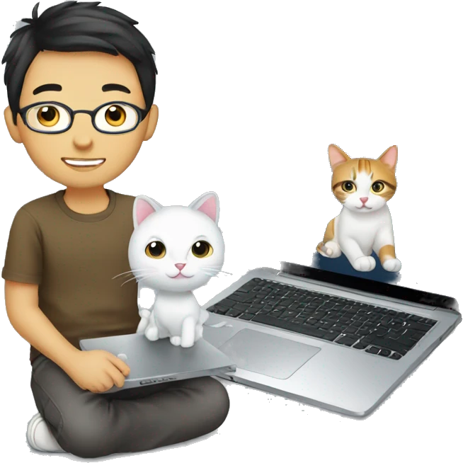 boy with cat, laptop, glass, asian emoji