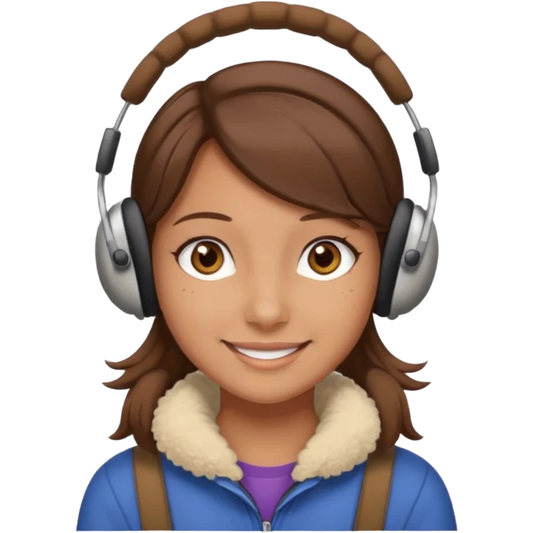 A girl wearing beige ear muffs, tan skin, brown hair, brown eyes smiling emoji