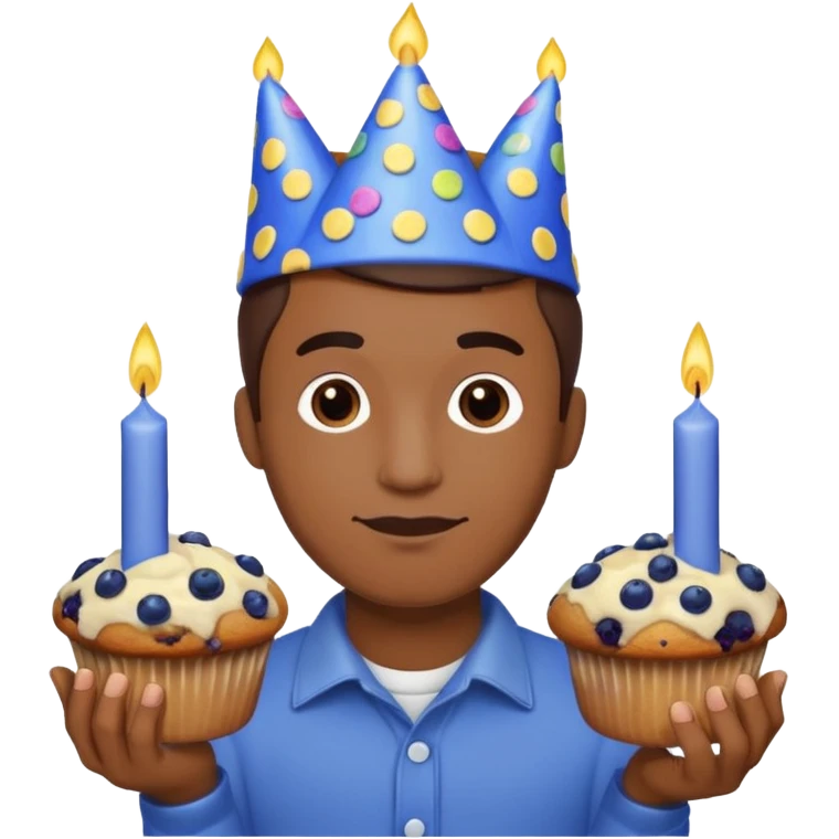 Blueberry Muffin celebrating birthday. Make sure it actually looks like a muffin with candles. Somebody holding it with party hat. Make it a man  emoji