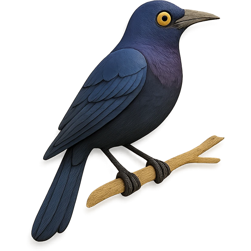 common grackle sitting on a branch, delicate paper layers, realistic feather patterns, subtle color variations, striking eye emoji