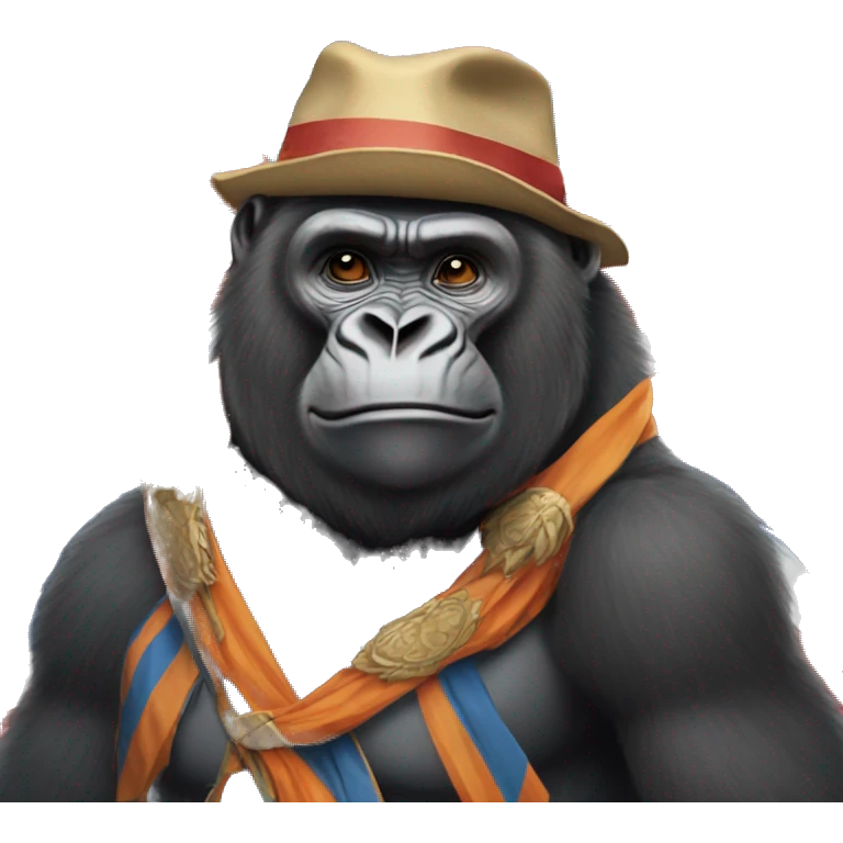 gorilla wearing paddington attire holding indian flag emoji