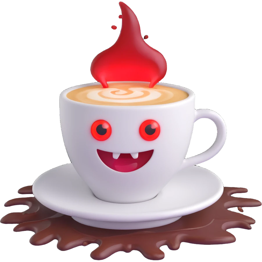 a cappuccino cup with red glowing eyes, menacing smile, and spilled coffee emoji