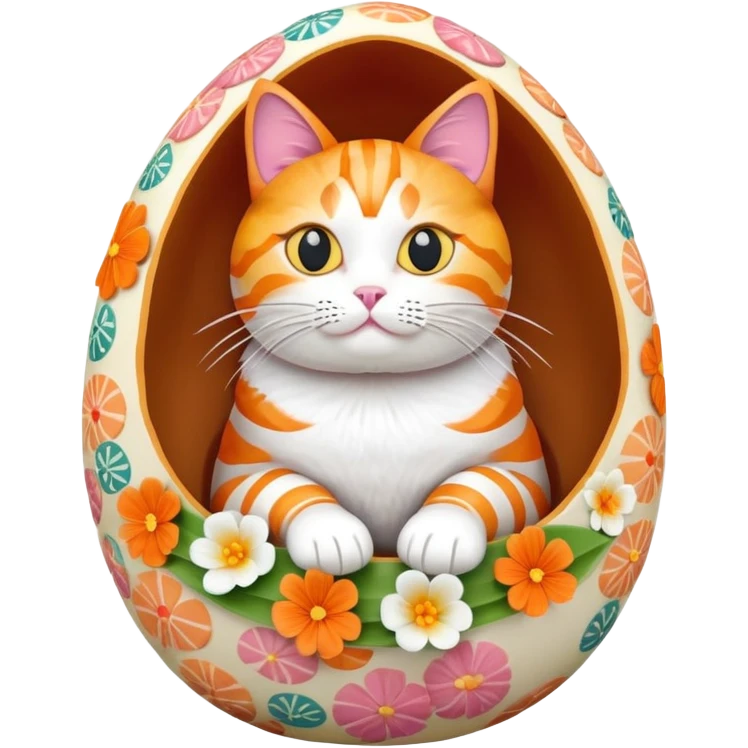 cat sitting in a decorated Easter egg made of sushi, colorful Easter patterns on the sushi egg emoji