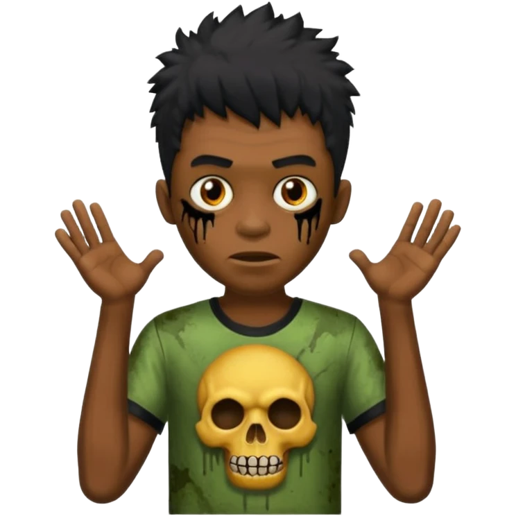 crie um zumbi menino bonito, com aparencia jovem igual, com cabelo preto, curto, com franja, o estilo do cabelo do zumbi seria o mesmo dos meninos de cabelo liso bagunçado do pinterest, faça ele com uma camisa preta emoji