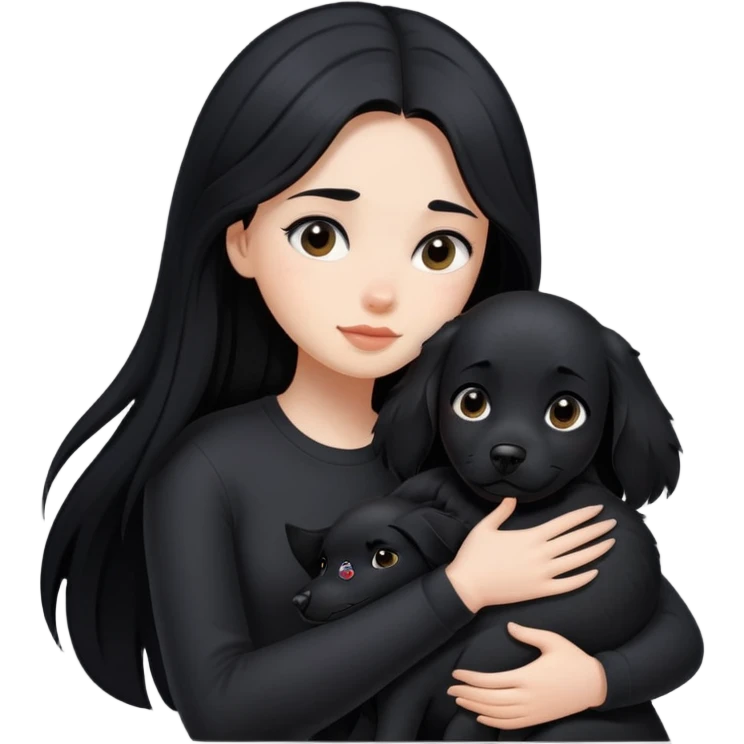 A girl with long black hair wearing black clothes hugs a black dog tightly emoji