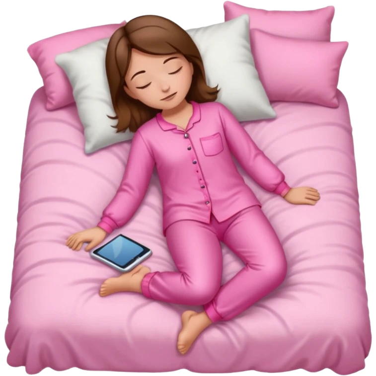 Menina de cabelos castanhos de corpo inteiro, pijama rosa, dormindo emoji