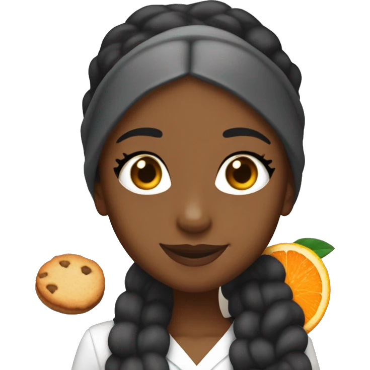 Ariana grande with dark coloured skin. Holding a cookie and a class of orange juice emoji