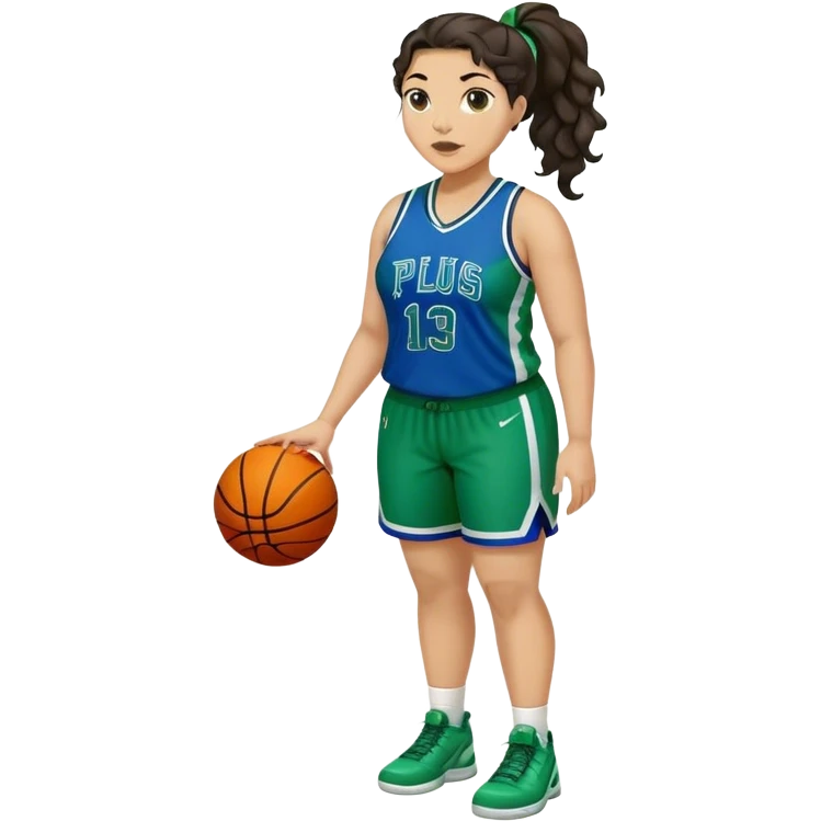 full body plus size light skin latino women basketball player with wavy dark hair in pony tail wide nose wearing blue with green uniform emoji