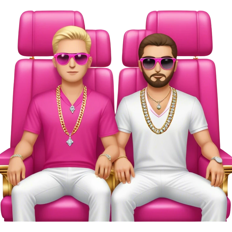 Celebrity millionaire entrepreneur Branden Condy & Alex Hormozi, designer fit, 3 diamond tennis chains, seated on a massive gold throne, sunglasses on, hot pink private jet behind him emoji