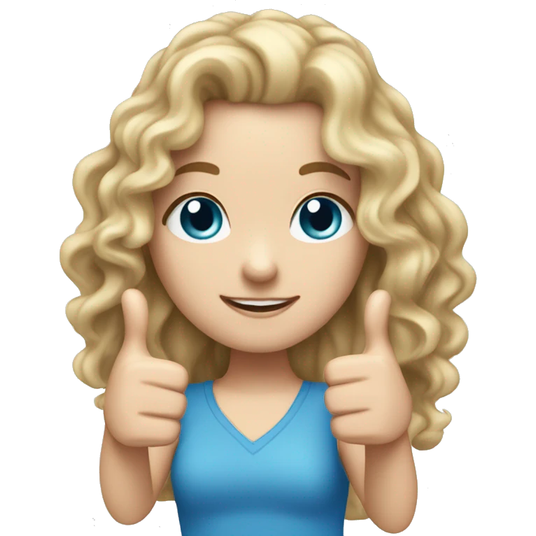 White girl with long not nde curly hair blue eyes holding thumbs up emoji