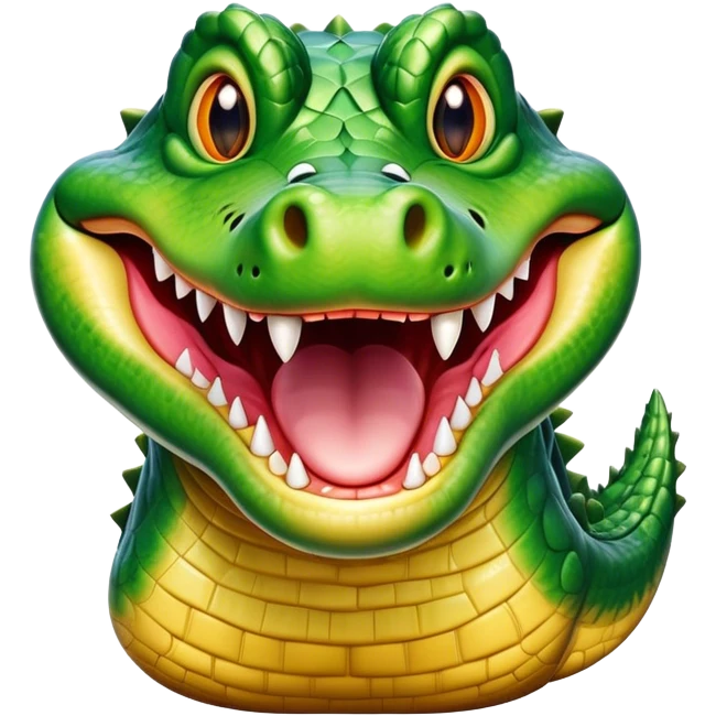 Cinematic Realistic Comical Crocodile Portrait Emoji, Head tilted dramatically with an exaggeratedly amused expression, featuring a striking, glossy scaly hide with bold textures and wide, expressive eyes full of playful disbelief, rendered with vivid natural hues and lifelike detail, high shine, dramatic yet playful, styled with an air of cheeky aquatic mischief, soft glowing outline, capturing the essence of a spirited and over‐the‐top crocodile that looks ready to snap its jaws in a burst of viral wild humor! emoji
