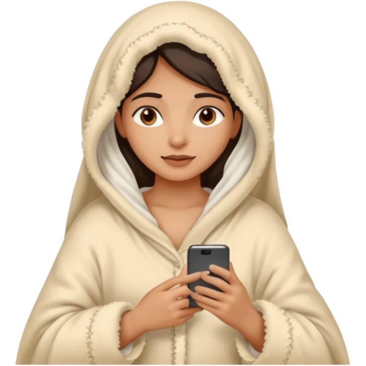 a pretty bratz fair indian girl covered in blanket, wearing beige pajamas, using phone emoji