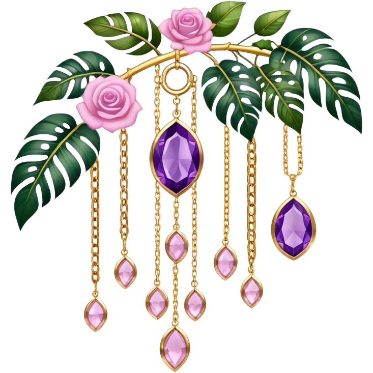 Hanging suncatcher, gold chains with shiny sparkly amethyst and rose-quartz gemstones, roses, beautiful tropical leaves, gorgeous aesthetics emoji