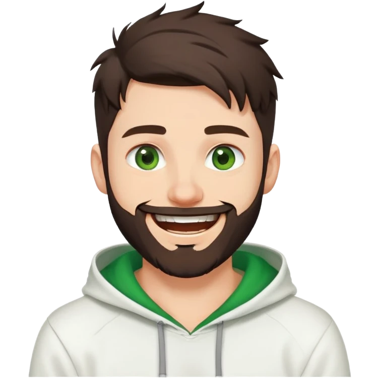 laughing guy with white hoodie, white t-shirt underneath, green eyes, dark brown undercut hairstyle and a short full beard emoji
