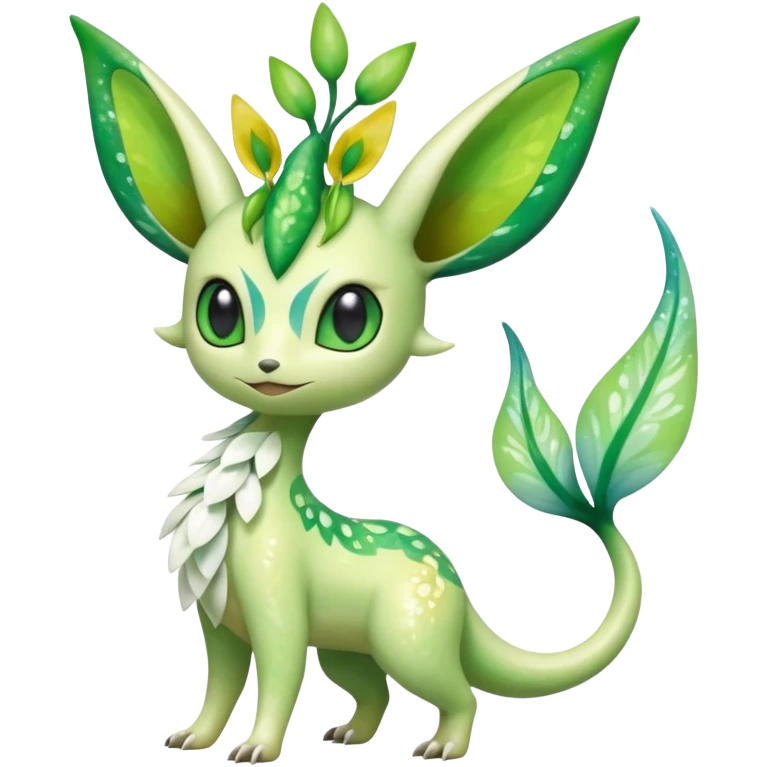 Sparkly White And Green Natural Flowery Colorful Grovyle-Leafeon-Celebi-Fakémon-hybrid-creature (full body)  emoji