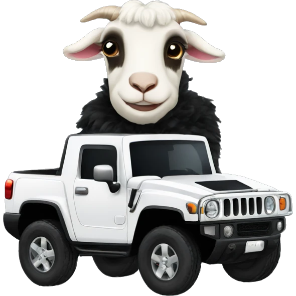 Goat in black puffy coat driving black Hummer emoji