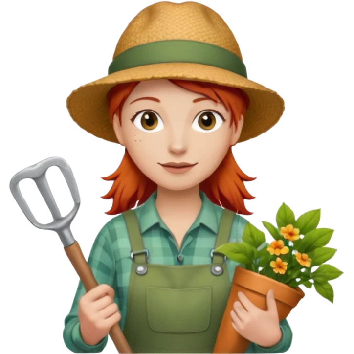 red hair gardener holding gardening tools, with hat emoji
