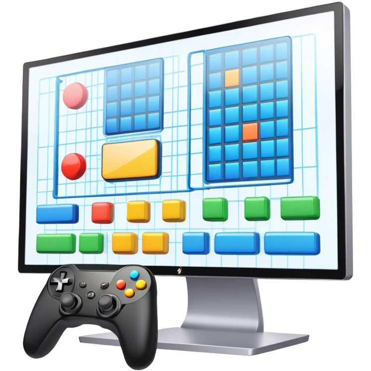 Icon for Game Design: a computer screen with a game interface, game controller, and design elements like a grid and 3D models. Transparent background. emoji