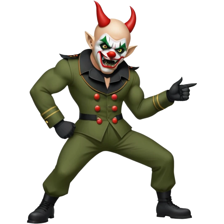 evil clown, bald, short black devil horns on forehead, fangs, pointed ears, black and military green leisure suit, realistically proportioned, bulky and muscular, full body, battle-ready, fighting posture emoji