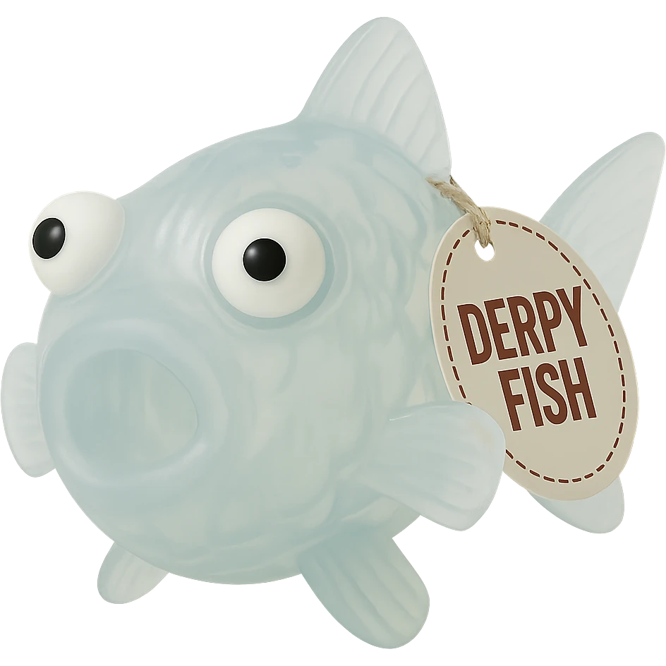 Make the fish's body much more transparent so you can clearly see through it. Keep the semi-transparent blue plastic, derpy eyes, and retro 90's toy look. No background. Hyper-detailed, soft plastic, soft reflections, soft and squishy, some cloudiness, not shiny, highly detailed, appealing. Keep the 'DERPY FISH' tag. The style is a retro 90's toy with semi-transparent blue plastic and derpy eyes, soft and squishy appearance with soft reflections and some cloudiness. emoji