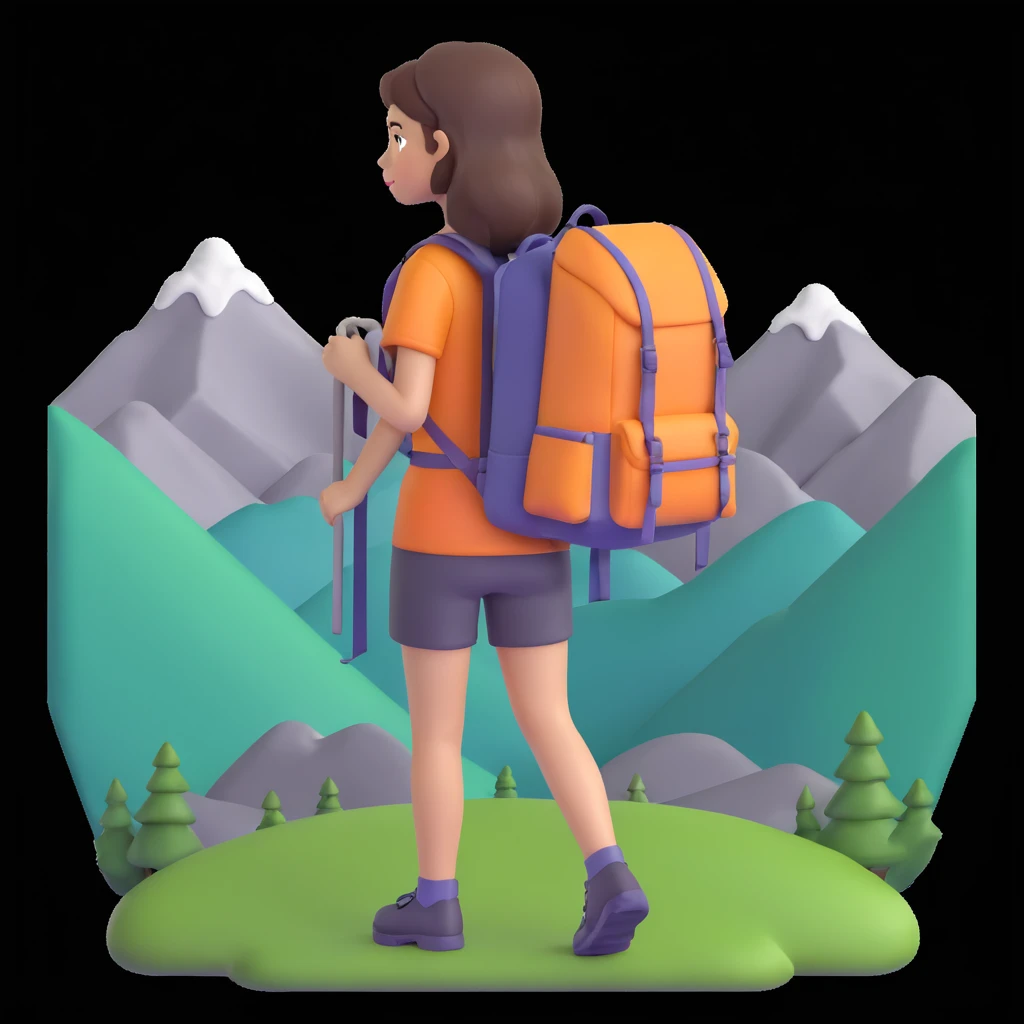 portrait of girl back packing mountains in background, close up pose emoji