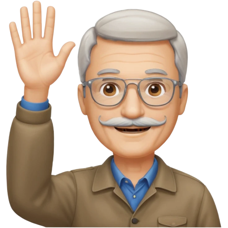 60 yr man with partially gray hair, mustache, light glasses, waving hello emoji