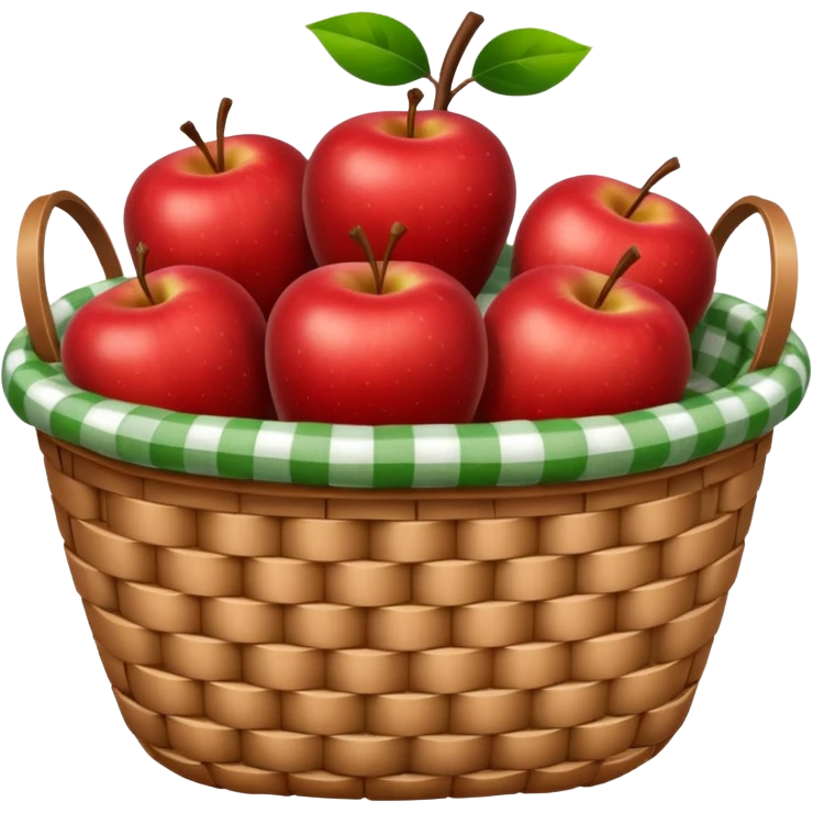 woven basket with apples and white checkered cloth, green emoji