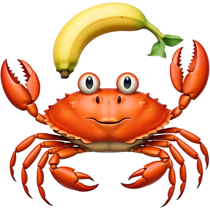 A crab holding a banana over its head emoji