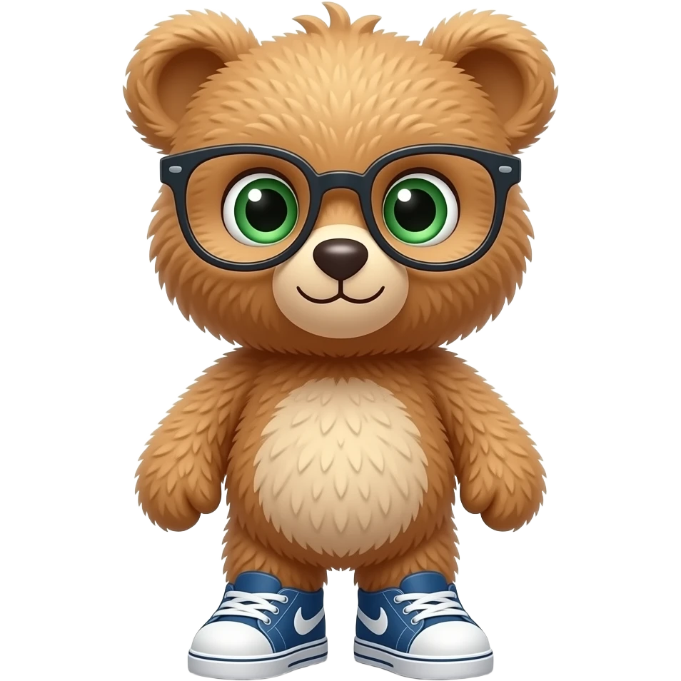 big fluffy light brown teddy bear wearing sneakers and glasses with big beautiful green eyes emoji
