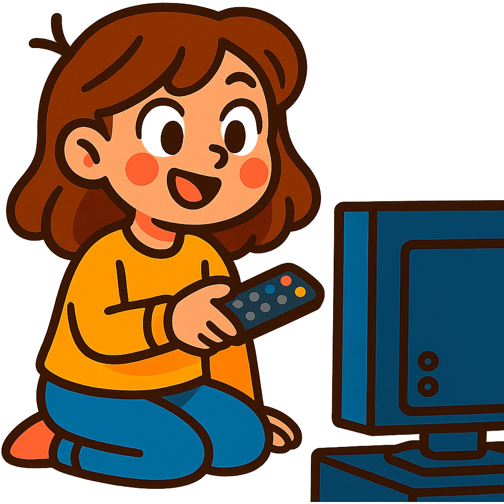 brown haired girl watching TV or holding a TV remote, vibrant illustration style emoji