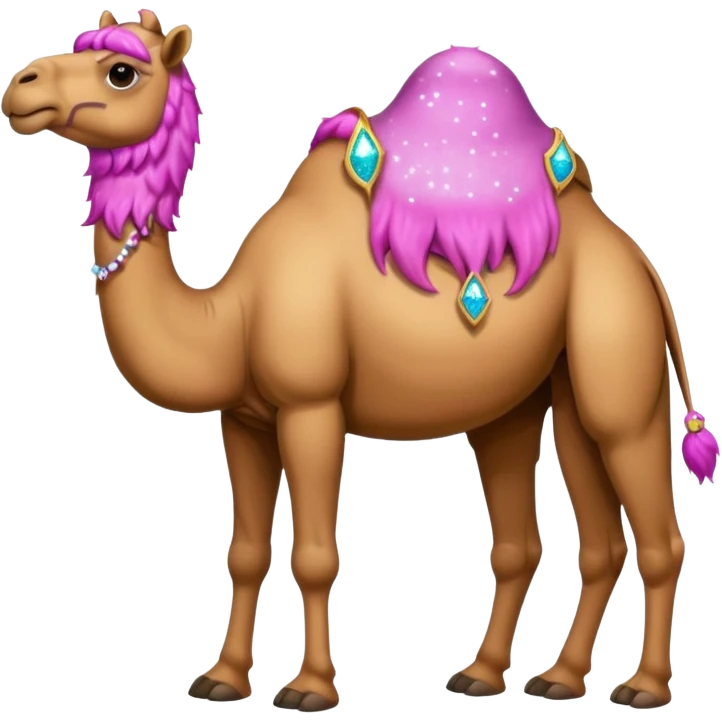 Camel with toes on his hoofs and pink beard that comes out of his chin with sparkle eyes facing forward emoji