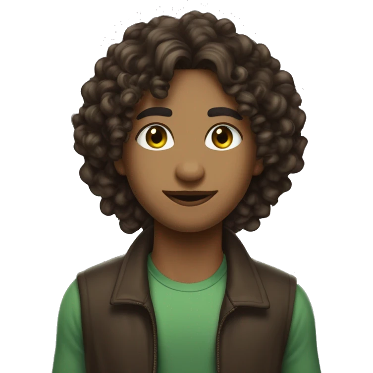 long curly hair,eyes with a hint of green, eyes positive  canthal tilt ,medium thick shaped eyebrows in dark brown, and medium thin lips, round face shape, soft jawline, full body, american emoji
