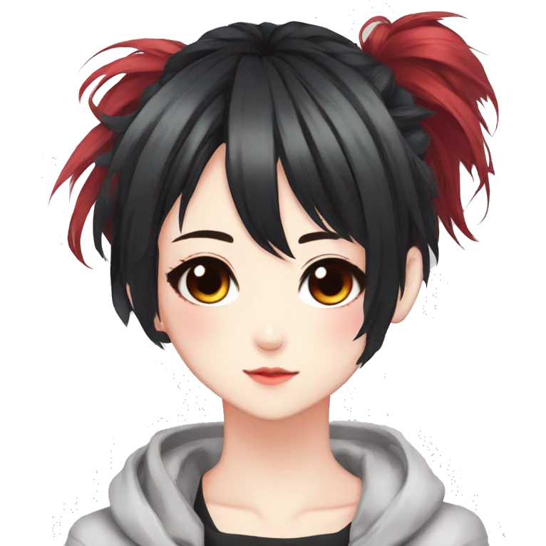 Gorgeous anime style shojo character with blushing face aesthetic and pretty edgy black red punk hair with hair garment trending style emoji