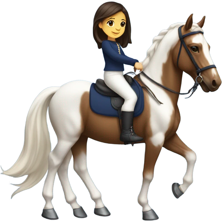 White little girl with dark hair riding Arabian horse brown wearing white top and navy blue bottom and white boots emoji