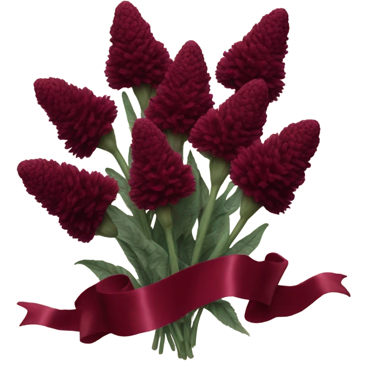 A vintage bouquet of dark red celosia wrapped in a flowing burgundy ribbon
 emoji