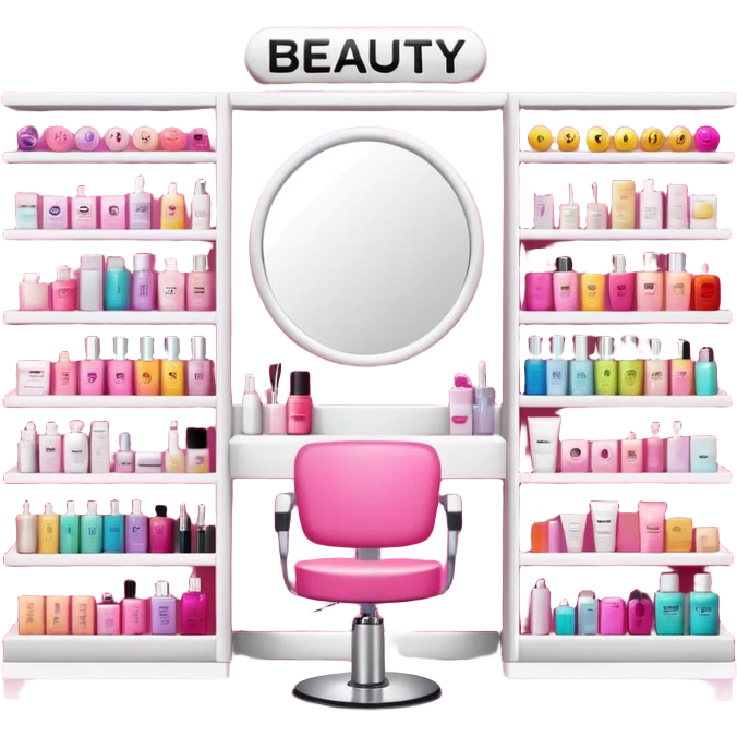 big beauty salon showcase with well-organized brand-labeled beauty products on a white shelves, emoji style, with a nearby hairstylist chair in pink color and a big mirror, more products emoji